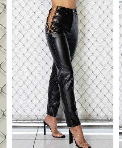 Faux Leather Pants with Gold Chains
